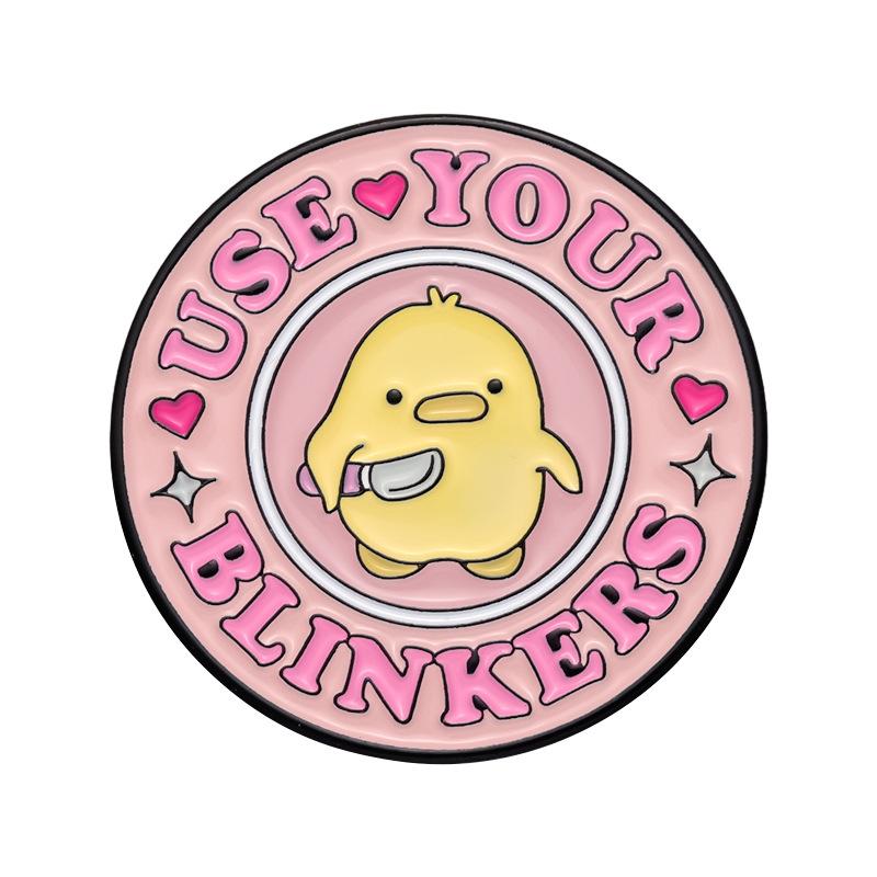 

Yellow Charming Round Duck Cartoon Brooch With Artistic Pink Lettering For Every Occasion XZ9284
