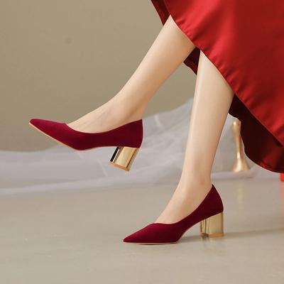 Women High Heels Thick Heels Simple Pointed Toe Shallow Cut Single Shoe Wedding Dress Banquet and Wedding Shoes 34-42