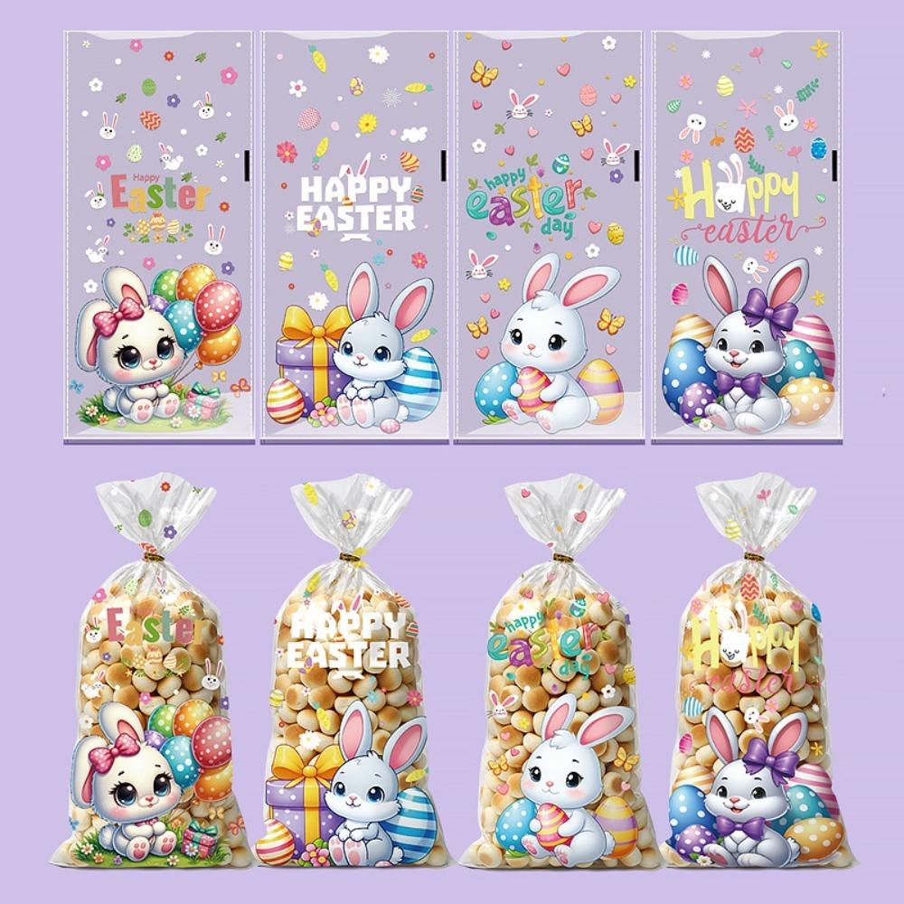 50pcs Happy Easter Plastic Candy Bags Little Bunny Colorful Balloon Gift Packing Bag Easter Egg Pattern Biscuits Wrapping Bag