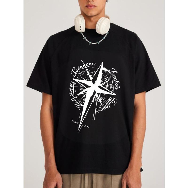 Schwarzes T-Shirt mit weißem Stern-Grafik und Lavencio-Textdesign für lässigen Streetwear-Stil