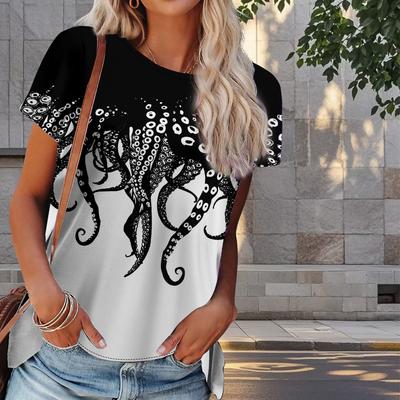 Women Summer T Shirt Octopus Pattern Print Retro Fashion Short Sleeve Tees Casual Printed Tops