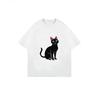 White T Shirt With Black Cat Print For Casual Wear