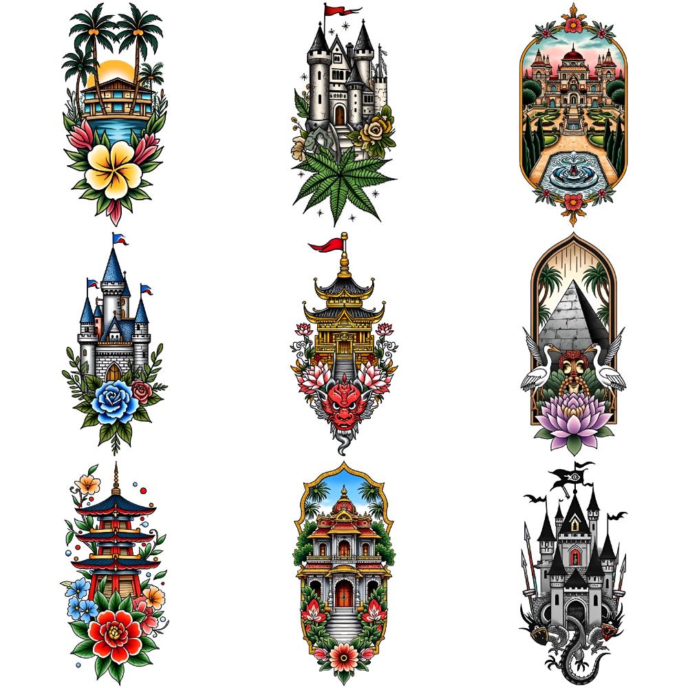 9pcs Temporary Tattoo Stickers Lasting Body Stickers Castle Building Men Women Tattoo Stickers Cosplay Party Decor Stickers Prop