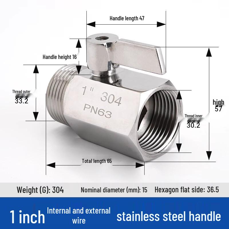 Mini Ball Valve 304 Stainless Steel, Internal/External Thread, 6/4 Points