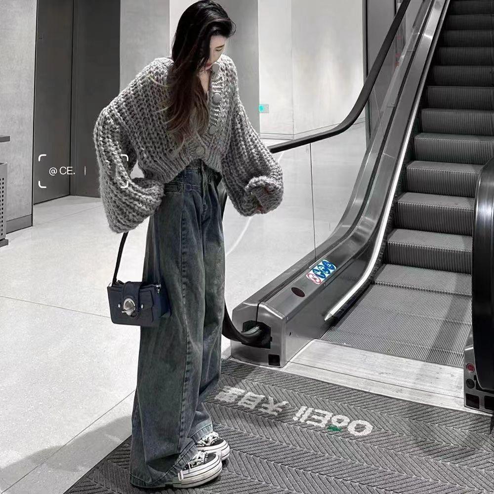 2025 Spring Plus Size Women's Korean Style Three-Piece Set – Knitted Cardigan, Vest, and Denim Wide-Leg Pants
