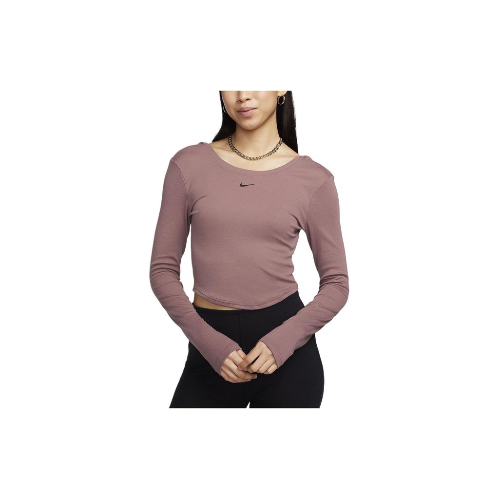 Nike Solid Color Crew Neck Short Casual Long Sleeve Cropped T-Shirt Women Tops Smoky-Purple FN3662-208
