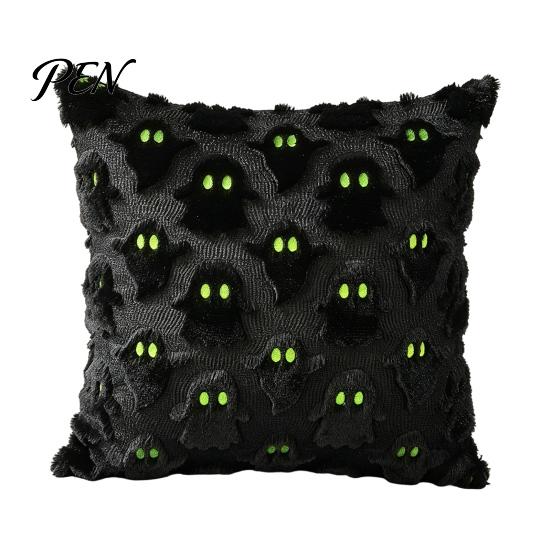 Cozy Living Room Accents Halloween Ghost Cushion Cover, Plush Embroidered Throw Pillow 18x18 Holiday Covers Inch Cute Case for Home Sofa Bed