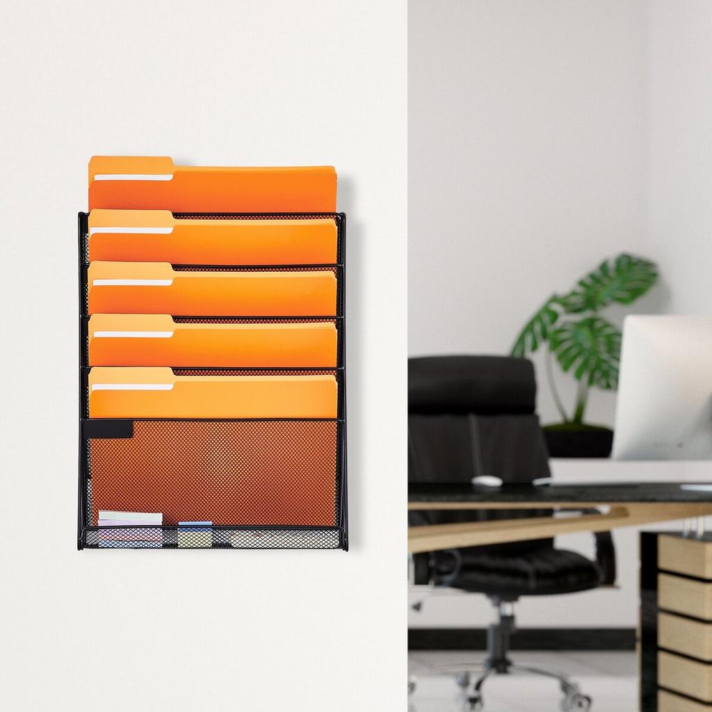 File Wall Rack, One-Piece 6 Pockets Mesh Wall File Holder, Wall Mounted Magazine Mail Paper & Document Storage Folder, Metal Wall File Organizer with