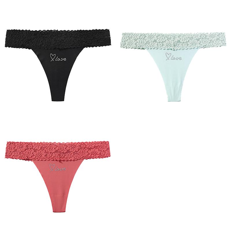 CINOON 3 Stück/Los Damen Sexy Niedrig geschnittener Tanga Spitze am Bund Nahtloser Slip Einfarbiger Leichter Atmungsaktiver Tanga