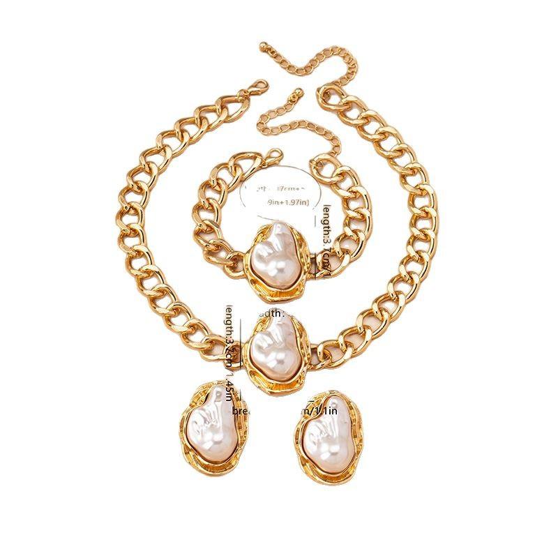 European and American Trend Special-shaped Pearl Set, Retro Luxury Temperament Necklace, Bracelet, Stud Earrings, Ring Set.