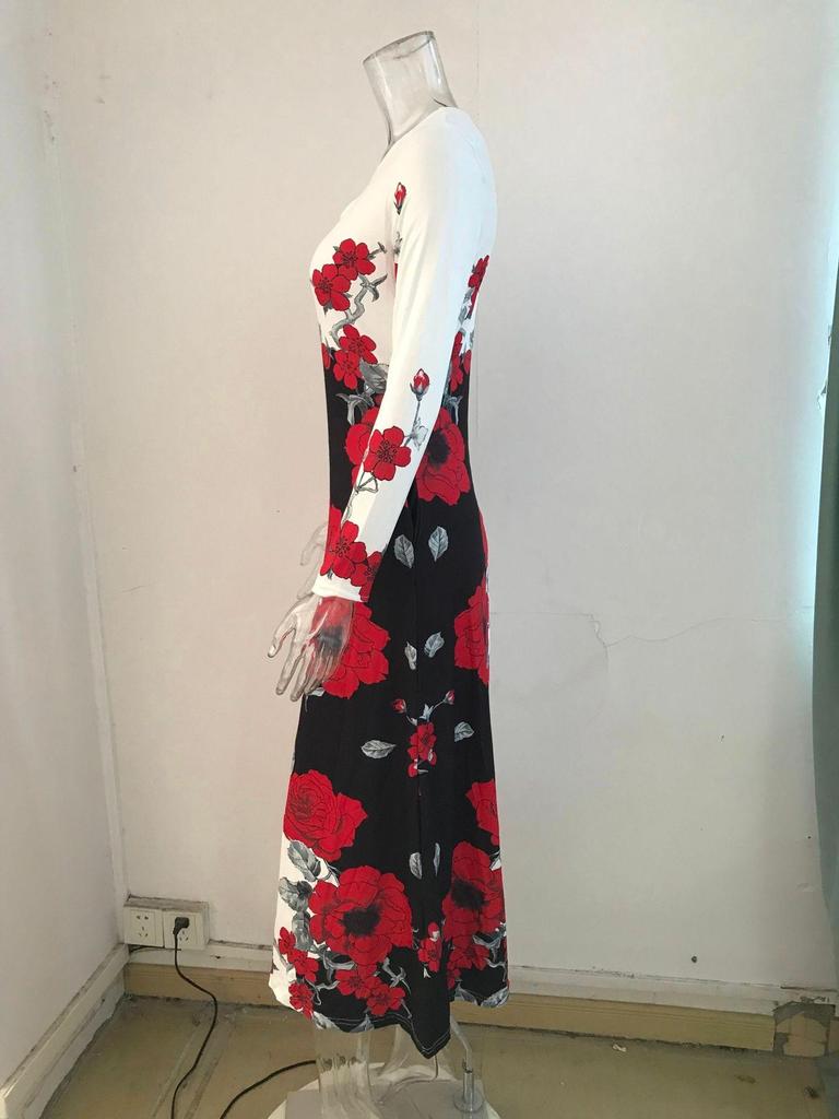 Elegant Plus Size Long Sleeve Printed Dress with Pockets and High Waist Hem