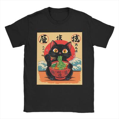 Japanese Black Cat Ramen Men T Shirt Kawaii Noodle Cat Humor Tees Short Sleeve Round Collar T-Shirt Cotton Gift Idea Tops