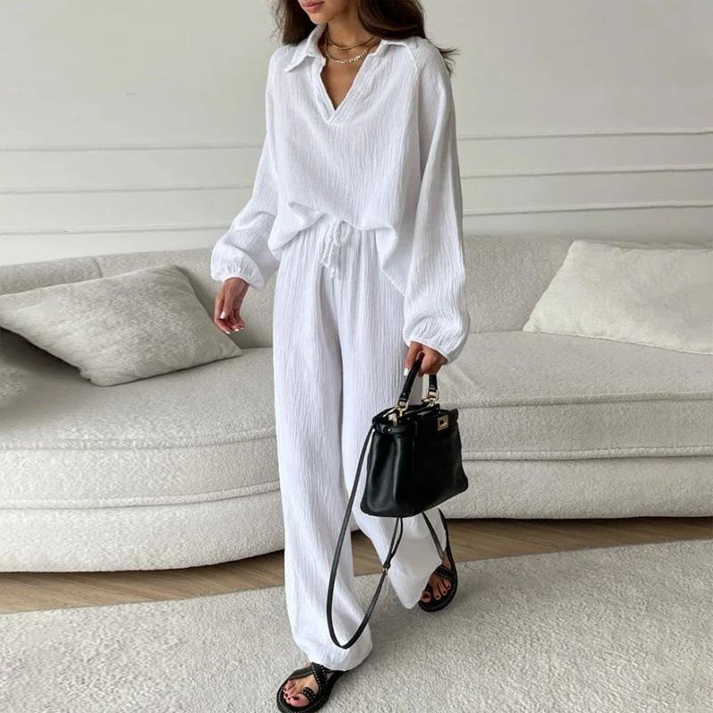 

Collar Top Drawstring Pants Set Pure Color Lapel Long Sleeve Top Drawstring Pants Suit White L