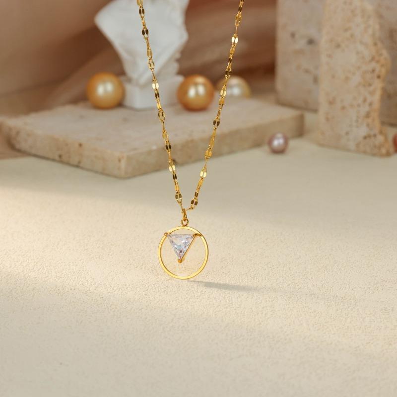 K Vacuum Plating Necklace Geometric Round Triangle Design Versatile Light Luxury Zircon Pendant