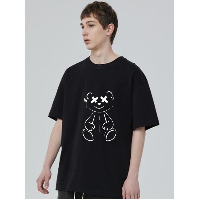 Black T-Shirt With White Bear Graphic Print Casual Streetwear For Men And Women