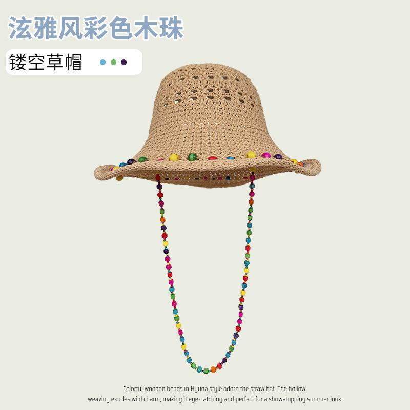 Hyunya wind dopamine wood beads straw hat women's summer hollow breathable big brim sun hat outdoor beach vacation basin hat