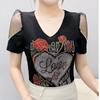 Streetwear Girl Chic Summer T-shirt Fashion Sexy Slim Women Flower Heart Tops Shiny Rose Hot Diamonds Design Tees