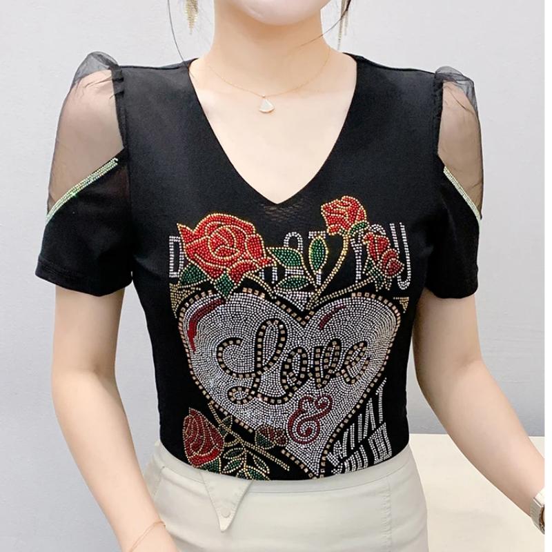 Streetwear Girl Chic Summer T-shirt Fashion Sexy Slim Women Flower Heart Tops Shiny Rose Hot Diamonds Design Tees