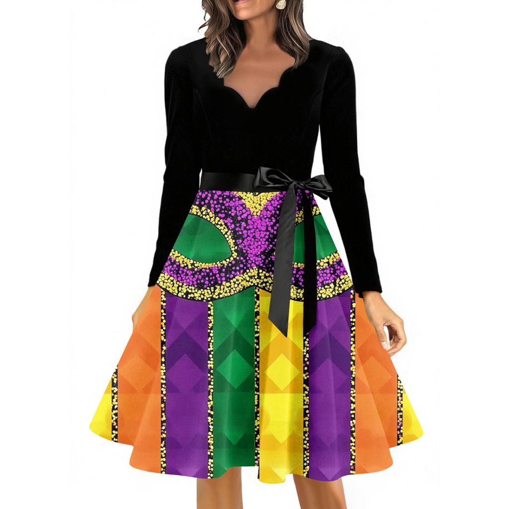 Women's Casual Fashion V Neck Long Sleeve Printed Vintage Long Dress