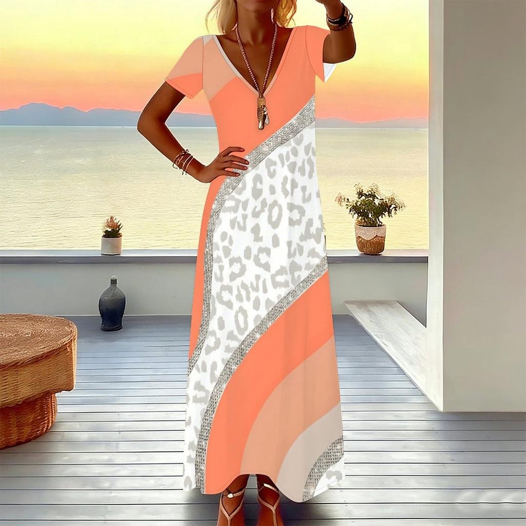 Women Plus Size Short Sleeve V Neck Maxi Dress Coral Diagonal Leopard Splicing Print Loose Summer Beach Long Dress