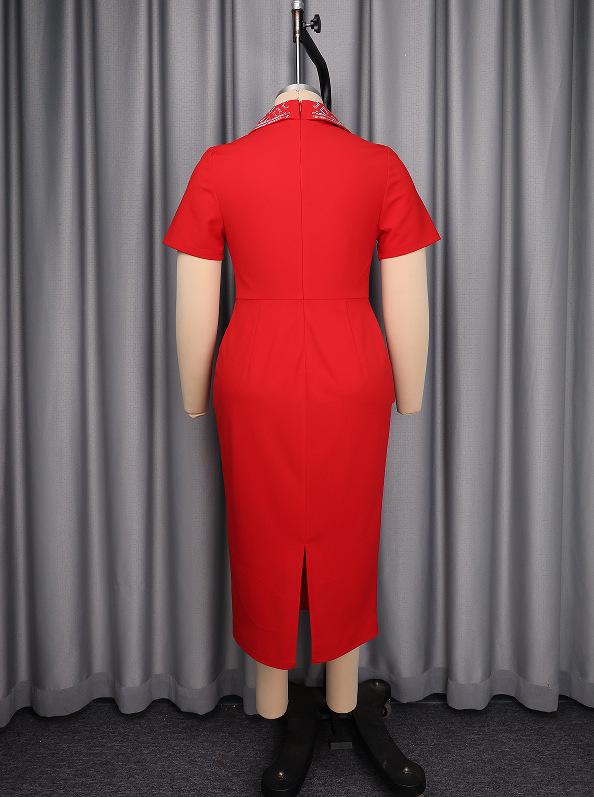 Plus Size Women's Elegant Red Lapel Short Sleeve Waist-Cinched Dress