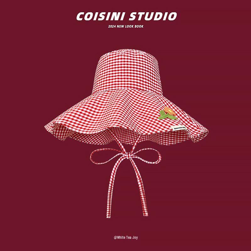 Women's Korean Checkered Wide Brim Fisherman Hat with Butterfly Tie for Summer Sun Protection