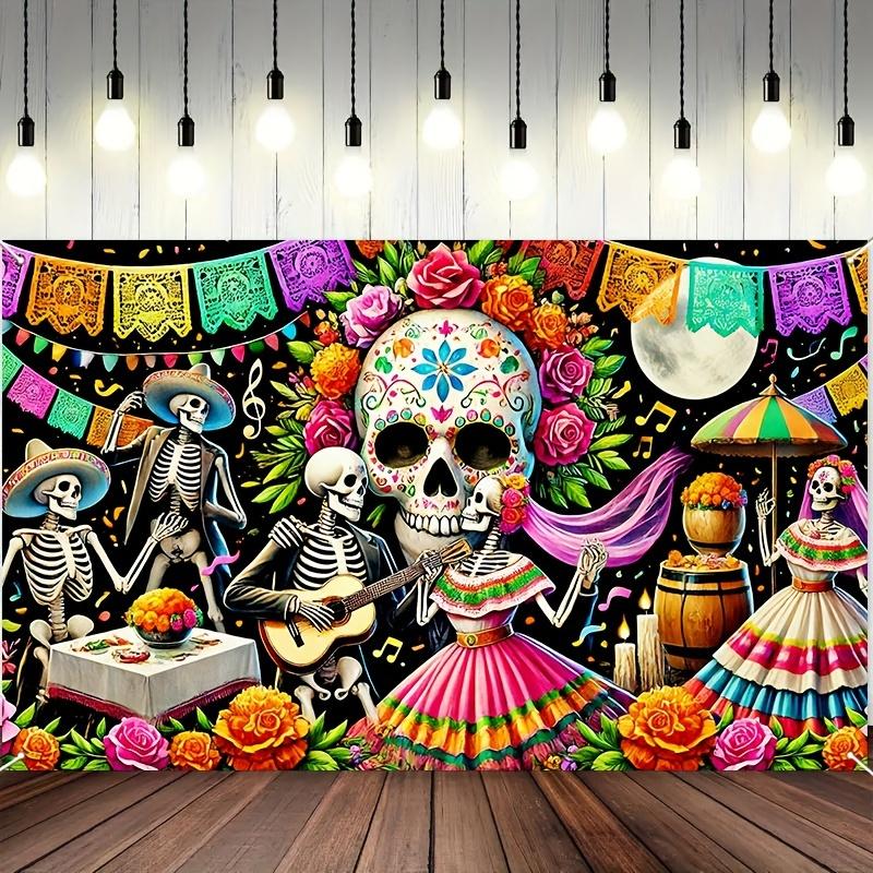 Day of the Dead Sugar Skull Skeleton Mariachi Flowers Tapestry Mexican Culture Wall Art Party Decor Vibrant Folklore Background