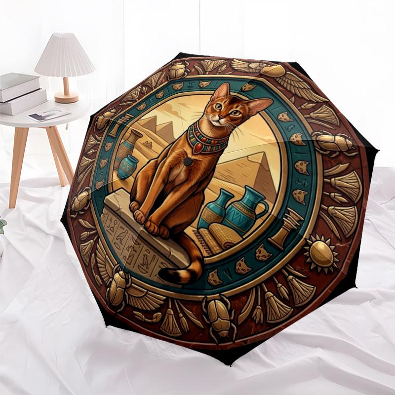 Egyptian Cat Art pattern umbrella, portable and foldable design, 8 ribs, a casual accessory for Halloween, Christmas, and birthday gifts.