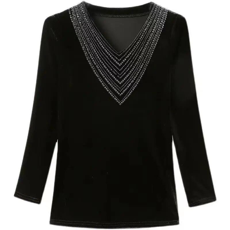 Jeseň Zima Zateplená košeľa na zateplenie Ženy Dlhý rukáv Tričko s výstrihom do V Horúce diamantové Tričko Ležérna móda Top XL-6XL