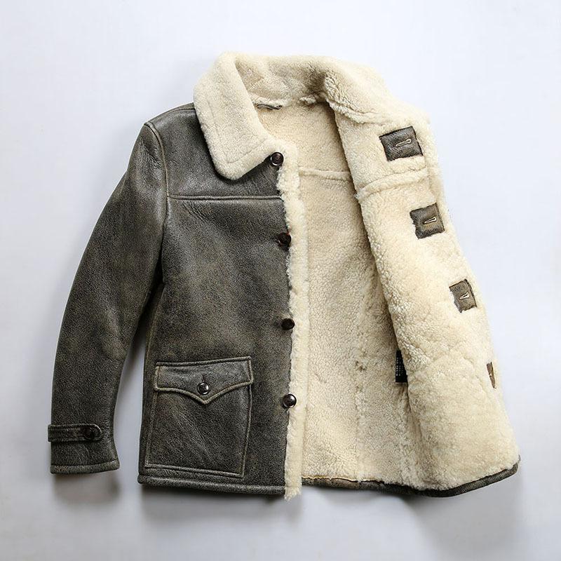 Casual Large Button Lapel Sheepskin Fur Integrated Leather Jacket Men's Push Crack Fur Jacket