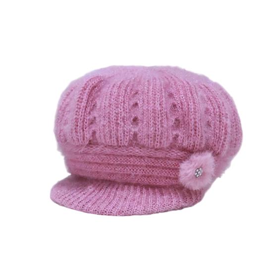 Women Knitting Hat Extended Brim Thickened Plush Winter Hat Solid Color Flower Decor Warm Hat Fashion Accessories