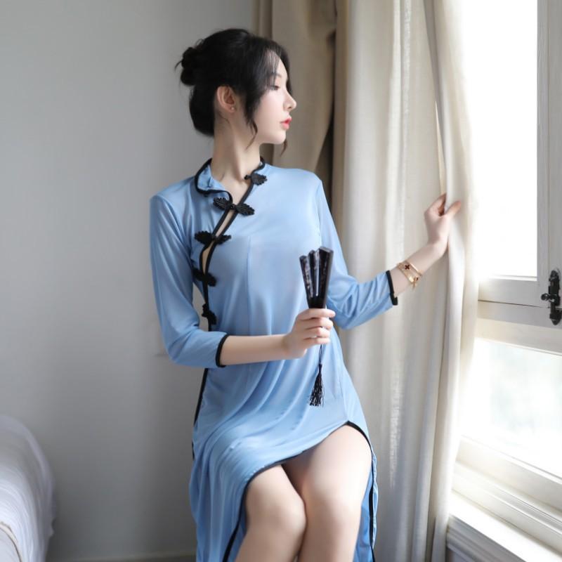 

Сексуальное нижнее белье женский взгляд боковой разрез униформа платье в стиле Китайской Республики сексуальный ципао комплект ночных сорочек One size fits all небесно-голубой