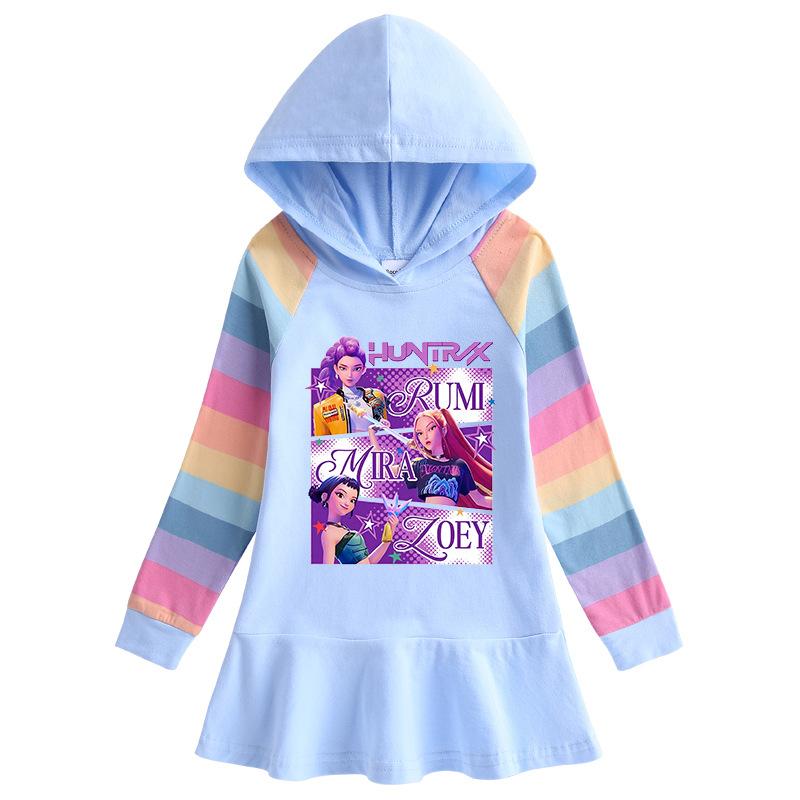 Spring Autumn Kpop Witch Hunting Team Lotus Leaf Edge Cartoon Rainbow Girls' Dress Cotton Long Sleeve Hoodie Hundred Fold Princess Dress