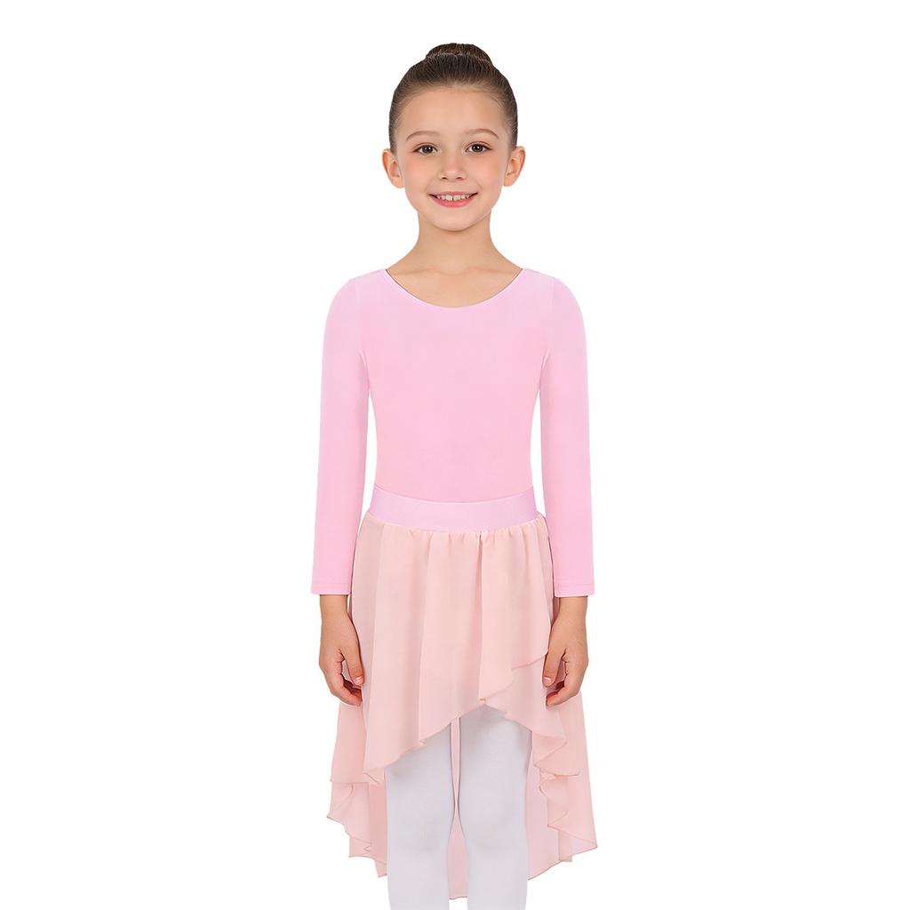 Girls Ballet Dance Practice Performance Long Sleeve Leotard High Low Elastic Waistband Chiffon Skirt Outfit