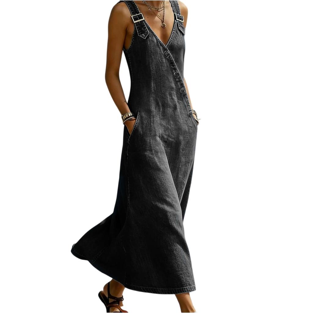 Women Vintage V Neck Denim Overall Dress Loose Fit Sleeveless Long Jean Dress with Adjustable Straps and Side Buttons