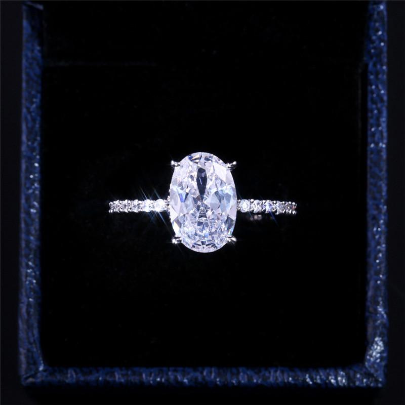 925 Sterling Silver Oval Finger Ring Band Dazzling Brilliant CZ Stone Four Prong Setting Classic Wedding Anniversary Gift