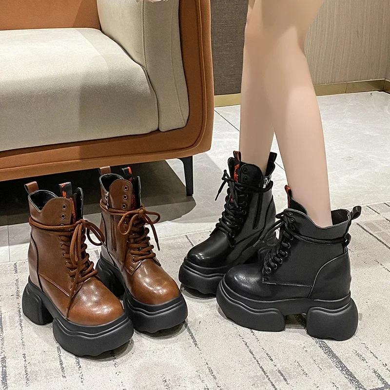 Fashion 11CM Ankle Boots Women Platform Sneakers High Heels Leather Chunky Boots New Autumn Winter Lace Up Motorcycle Boots Botas Mujer