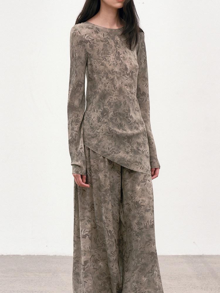 2026 Spring/Summer Botanical Print Faux Silk Top & Pleated Wide-Leg Pants Set