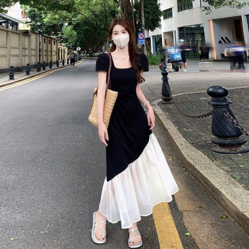 

Plus Size Hepburn-Style Color Block Patchwork Summer Dress XL чёрный