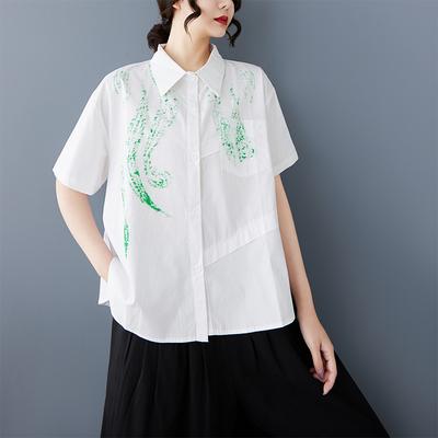 DIMANAF 2025 Grote Maten Nieuwe Zomer Blouse Korte Mouw Vintage Print Casual Dames Losse Tops Knoopjes Shirts