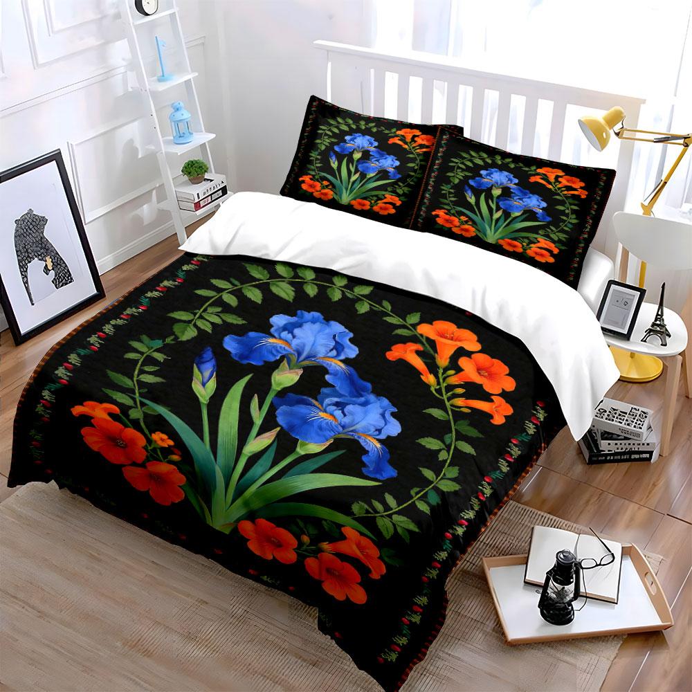 Blaue Iris, orange Blumen. Bettwäsche-Sets Bettbezug-Sets Bettbezüge Kissenbezüge(1 * Bettbezug 2 * Kissenbezüge ohne Bettdecke)