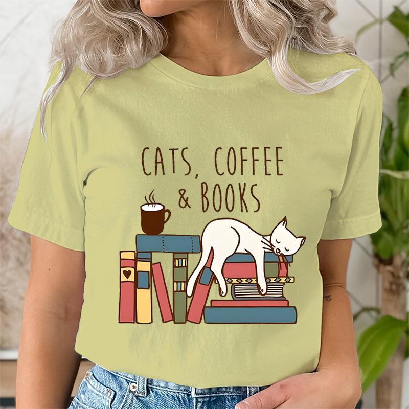 Cats Coffee Books Women Cute Bookworm TShirts Funny Book Lover T Shirt Vintage Reading Graphic Tees Female Bookish Tops Tshirt