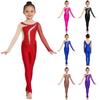 Kids Girls Gymnastics Jumpsuit Long Sleeves Finger Holes Keyhole Back Mesh Patchwork Shiny Rhinestones Color Block Dance Bodysuit for Performance
