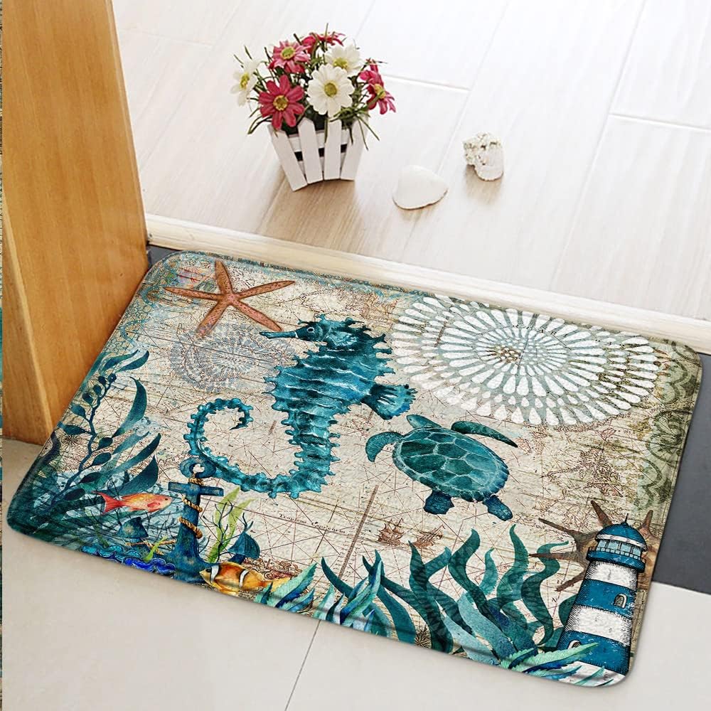 Seahorse Area Rug Coastal Seaside Seahorse Starfish Coral Shell Pattern Nautical Beach Themed Map Carpet for Living Room Kitchen