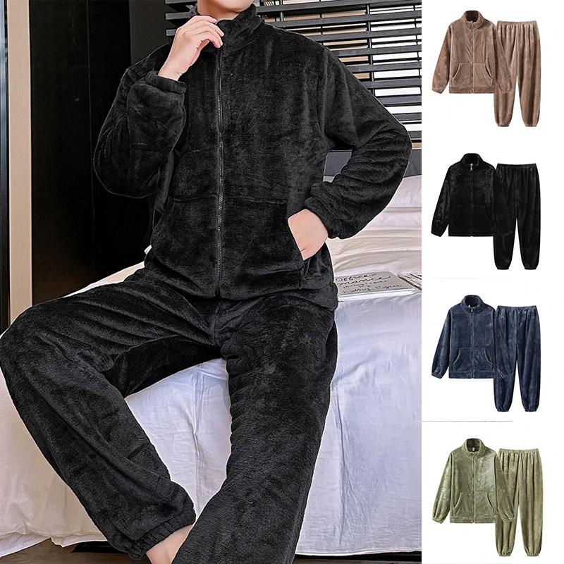 Women Sleepwear Winter Home Wear Thicken Pajamas Set Warm Coral Fleece High Collar