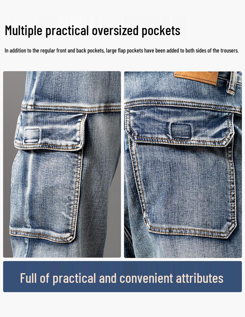 Men's Plus Size Wide Leg Multi-Pocket Workwear Denim Pants