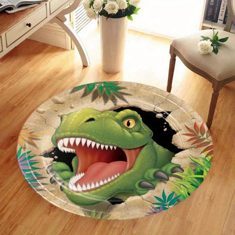 Cartoon Dinosaur Round Area Rug–Soft Washable Floor Mat for Kids' Room or Living Room – Non-Slip Play Area Carpet, Nursery Decor