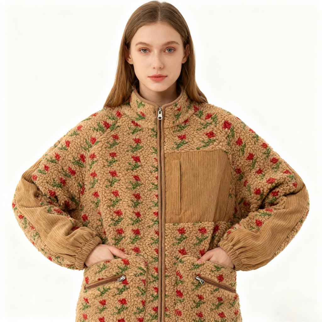 Mode Wolle Fleece Blume Warm Reißverschluss Pullover Jacke Stehkragen Locker Jacke Verdickt Herbst/Winter Damenbekleidung