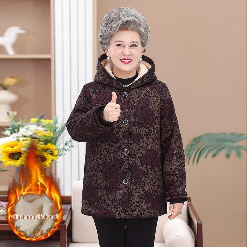 Grandma Winter Hooded Cotton Jacket - Thick, Warm, Plus Velvet for Middle-Aged & Elderly Women
