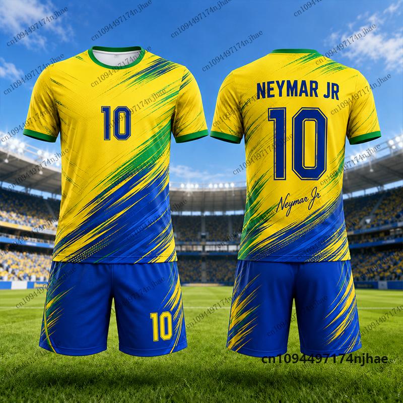 2026 Dětská tepláková souprava Brazilští fanoušci Neymar Č. 10 Potisk Tričko+Kraťasy Sety Fotbalový dres Oblek Sportovní Dětské/Dospělé oblečení